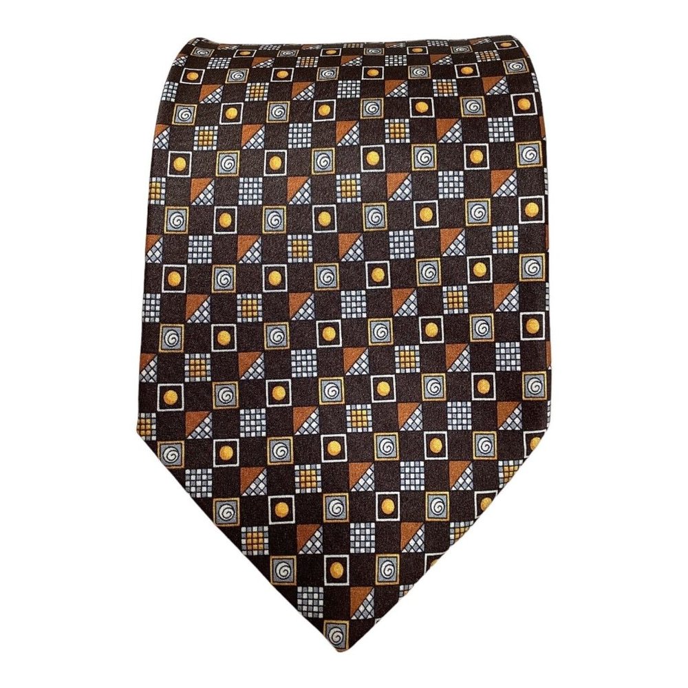 S.T. DUPONT Paris Brown Geometric Silk Tie Hand Made In Italy 61"- 3.75" EX COND